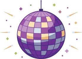 Purple disco ball with light beams, symbolizing fun, party atmosphere, and dancing in a colorful and lively illustration. vector