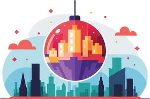 Illustration of a large disco ball over a vibrant city symbolizing party nightlife and celebration vector