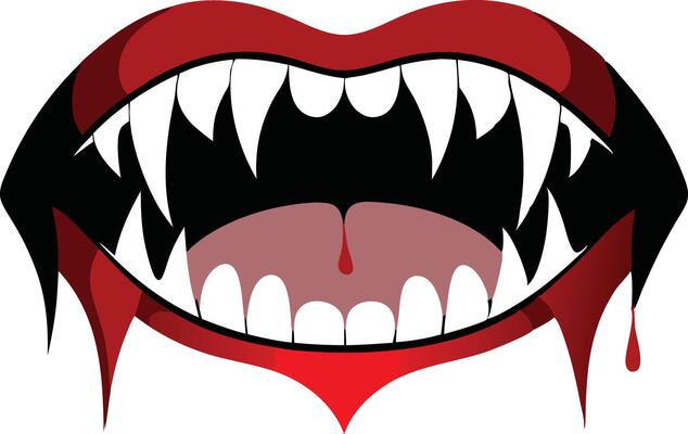 Illustration of vampire fangs with a bloody mouth symbolizing horror and Halloween themes