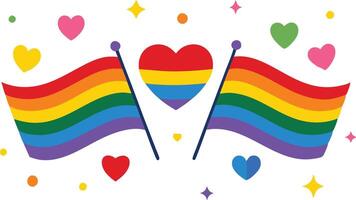 Illustration of two rainbow flags and a heart symbolizing LGBTQ pride and love vector