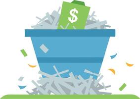 Bucket filled with shredded paper and dollar bills, symbolizing financial loss, waste, and money mismanagement in a colorful illustration. vector