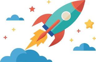 Rocket blasting off into the sky with stars and clouds, representing progress, innovation, and new beginnings in a colorful and playful illustration. vector