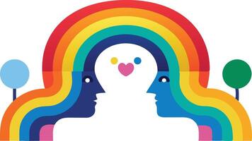 Two faces connected by a vibrant rainbow arch, symbolizing unity, diversity, and love, set in a colorful and minimalist illustration. vector