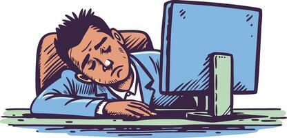 Tired employee sleeping at the desk in front of a computer, representing work fatigue, burnout, and exhaustion in a retro, relatable illustration. vector