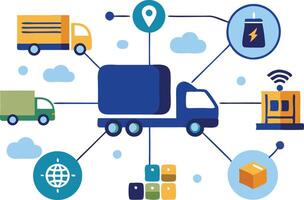 Flat Design of Trucks and Communication Network Icons Representing Technology and Logistics Connectivity vector