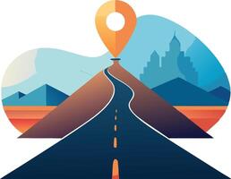 A long road heading toward a distant mountain with a location marker, symbolizing a journey towards achievement and reaching goals in a serene setting. vector