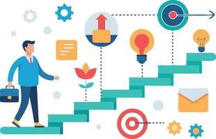 Businessman climbing steps with icons representing growth, strategy, and success in a modern, conceptual businessoriented infographic. vector