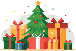 Christmas tree surrounded by wrapped presents, symbolizing festive joy, holiday spirit, and seasonal celebration in a cheerful and colorful design. vector
