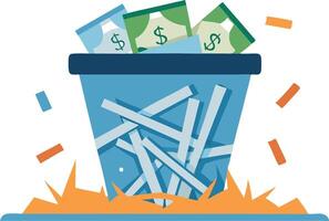 Trash can overflowing with shredded paper and cash, representing financial waste, poor decisions, and mismanagement in a colorful design. vector