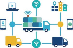 Flat Design of Trucks and Communication Network Icons, Symbolizing Technology and Logistics Connectivity vector