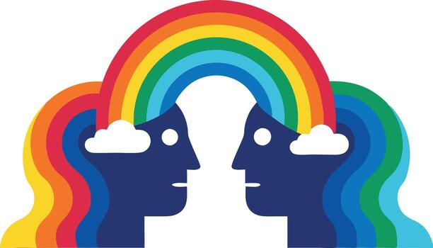 dos cabezas frente a cada otro conectado por un arcoíris, simbolizando unidad, diversidad, y comprensión en un negrita y vistoso ilustración. vector