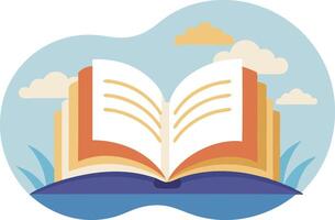 Open book with a sky and landscape background, symbolizing knowledge, education, and learning in a creative and inspirational design. vector