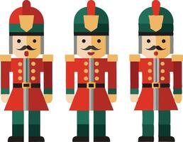 Three Nutcracker Soldiers in Festive Uniforms Standing Upright with a Clean Background, Traditional Christmas Decor vector