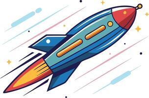 Stylized rocket ship flying through space with a trail of light, symbolizing futuristic technology, exploration, and speed in a colorful design. vector