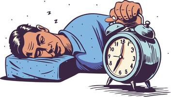 Man lying in bed holding a vintage alarm clock, representing tiredness, oversleeping, and difficulty waking up in a nostalgic illustration style. vector