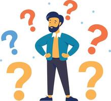 Man surrounded by question marks, symbolizing decisionmaking challenges, uncertainty, and problemsolving in business. vector
