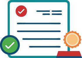 Certified document with approval checkmark and medal, symbolizing verification, approval, and achievement in a clean and professional design. vector