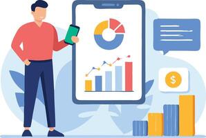 Young male character presenting a mobile data analytics dashboard, emphasizing growth and financial insights vector