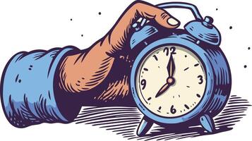 Hand hitting a vintage alarm clock, symbolizing frustration with waking up, morning routines, and exhaustion in a retro style illustration. vector