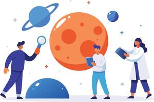 Children exploring space with planets and stars, representing space exploration, curiosity, and science learning in a colorful and educational illustration. vector