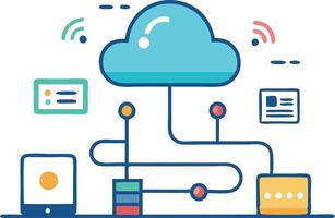 Cloud computing network illustration with connected devices, symbolizing data storage, internet, and digital technology vector