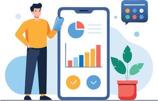 Young male character presenting data analytics on a mobile phone interface, emphasizing technology and growth vector