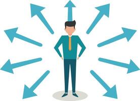 Businessman standing confidently with arrows pointing in multiple directions, depicting decisionmaking and strategy vector