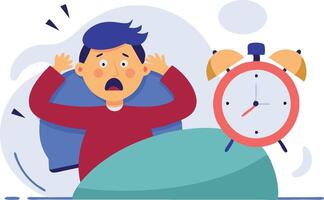 Shocked man sitting up in bed with alarm clock ringing, symbolizing waking up late, panic, and oversleeping in a modern cartoon style. vector