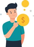 Man with a thoughtful expression holding a dollar coin, symbolizing financial decisions, investment, and economic planning. vector