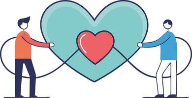Stylized illustration of two figures holding a heart, symbolizing teamwork, love, and mutual support. vector