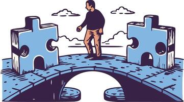 Character connecting two puzzle pieces over a bridge, representing problemsolving and collaboration vector