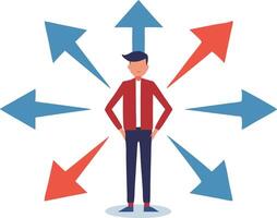 Character with hands on hips surrounded by arrows, symbolizing direction and confusion in decision making vector