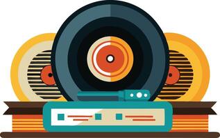 Retrostyle illustration of a vinyl record player with bright colors and vintage design elements. vector