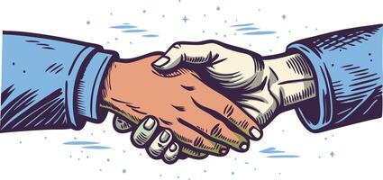 Cartoon illustration of a handshake between two diverse hands with a burst of energy in the background. vector
