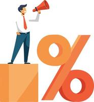 Person standing on a platform with a percentage symbol, announcing financial growth with a megaphone vector