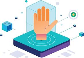 Tech hand illustration featuring digital interfaces, symbolizing the integration of technology, innovation, and secure systems. vector