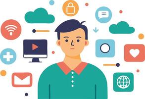 Male character surrounded by digital and social media icons, representing online communication and interaction vector