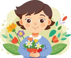 Cute boy holding a bunch of flowers with a cheerful expression, surrounded by colorful leaves and petals, symbolizing joy and love vector