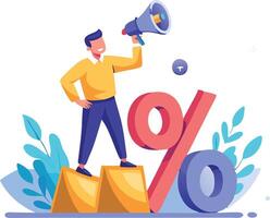 Man standing next to a large percentage symbol, using a megaphone to announce economic growth and success vector
