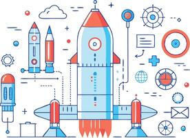 Detailed infographic of rockets and space technology, symbolizing exploration, innovation, and future missions in a modern and scientific style. vector