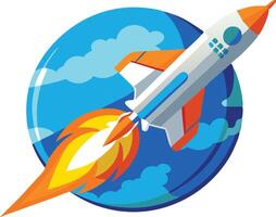 Rocket blasting into space with clouds and a planet in the background, representing innovation, exploration, and progress in a dynamic design. vector
