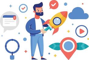 Businessman with data and location icons, symbolizing digital marketing, analysis, and strategic planning in business. vector