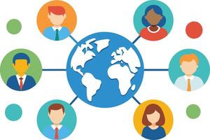Illustration of diverse people around a globe symbolizing global teamwork and international collaboration vector