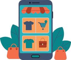 Smartphone with shopping app interface displaying clothing and accessories, representing online retail and fashion sales vector