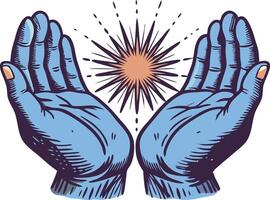 Illustration of hands holding a glowing light symbolizing spirituality, healing, and guidance vector