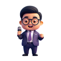 3D character icon of a full-body journalist, wearing professional attire and holding a microphone, png