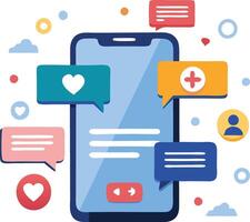Mobile app interface with social media notification icons, representing communication and online interaction vector