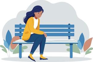 Woman sitting alone on a park bench looking contemplative, representing solitude and reflection vector