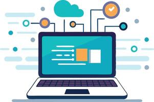 Laptop with cloud and network security symbols, representing data protection vector