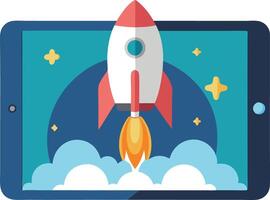 Rocket launching from a tablet screen, symbolizing digital innovation, startup growth, and technology advancements vector